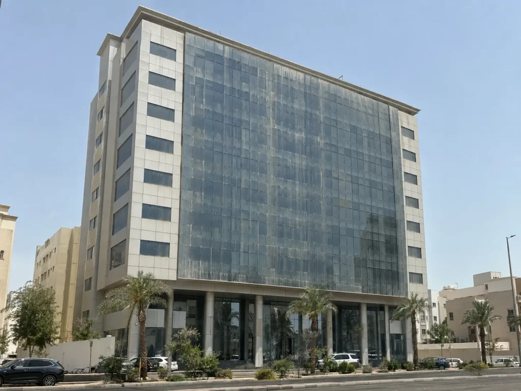 واجهة مبنى إداري زجاجية متسخة قبل التنظيف في جدة واجهة مبنى إداري زجاجية متسخة قبل التنظيف في جدة