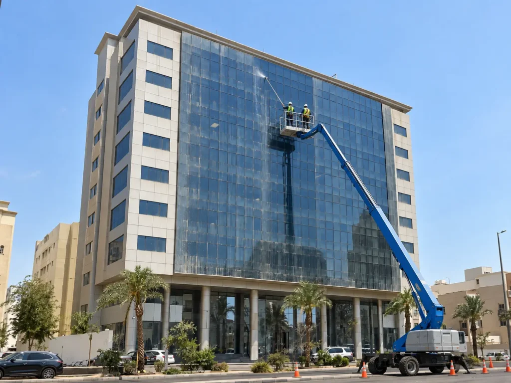 تنظيف واجهة زجاجية بالرافعة في مبنى إداري مرتفع بجدة تنظيف واجهة زجاجية بالرافعة في مبنى إداري مرتفع بجدة